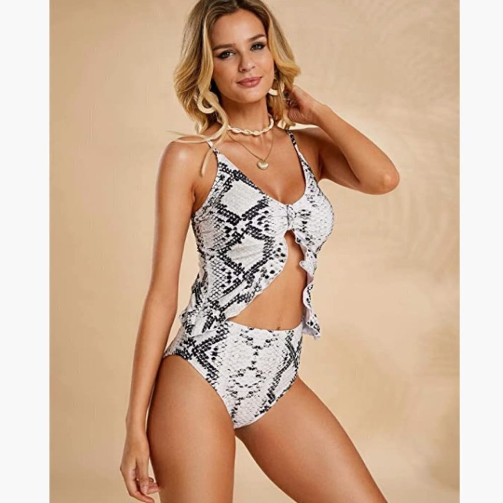 High Waisted Flounce Sexy Tie Front Lace up Retro Bikini, Snakeskin / Small